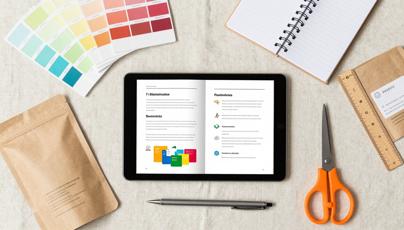 Overhead flat lay of small business desk with tablet showing digital flipbook catalog and brand materials