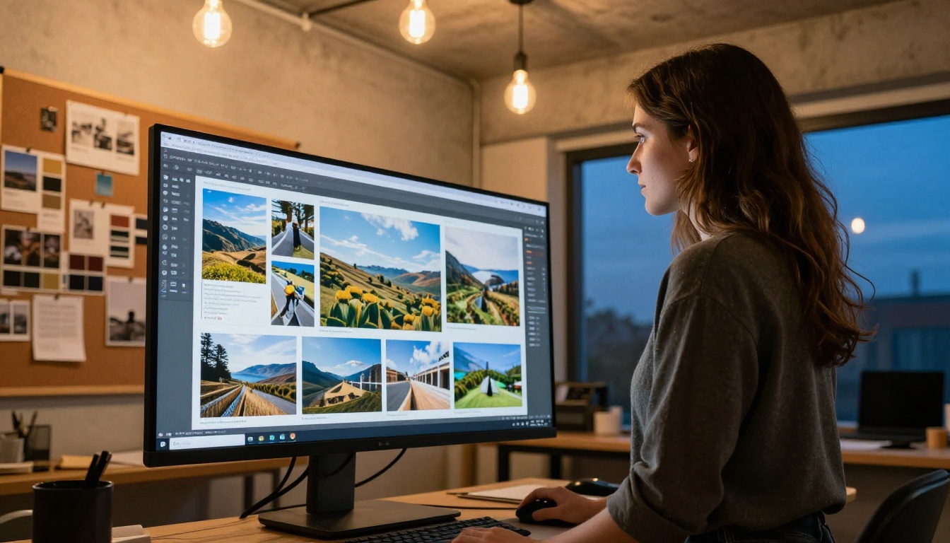 Freelance graphic designer at standing desk with digital portfolio displayed on large monitor