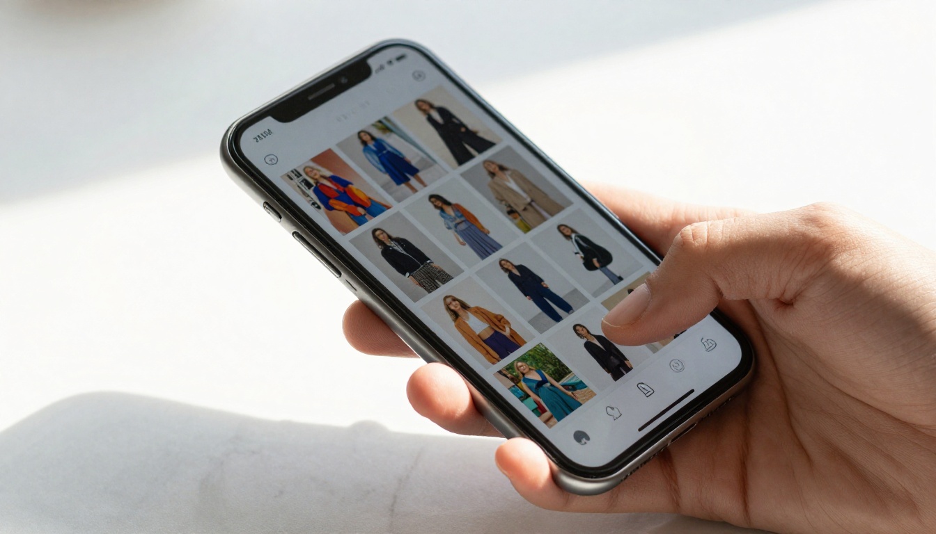 Person's hand holding smartphone with mobile flipbook fashion lookbook displayed on screen
