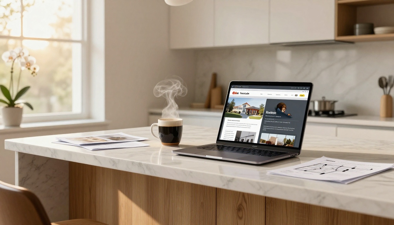 Real estate agent seated at a kitchen island designing a digital property brochure on a laptop with floor plan sheets nearby Real estate agent seated at a kitchen island designing a digital property brochure on a laptop with floor plan sheets nearby