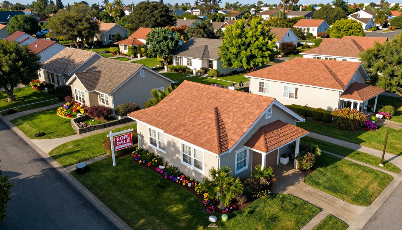 Aerial view of a beautiful suburban neighborhood with an open house sign in a manicured front yard Aerial view of a beautiful suburban neighborhood with an open house sign in a manicured front yard