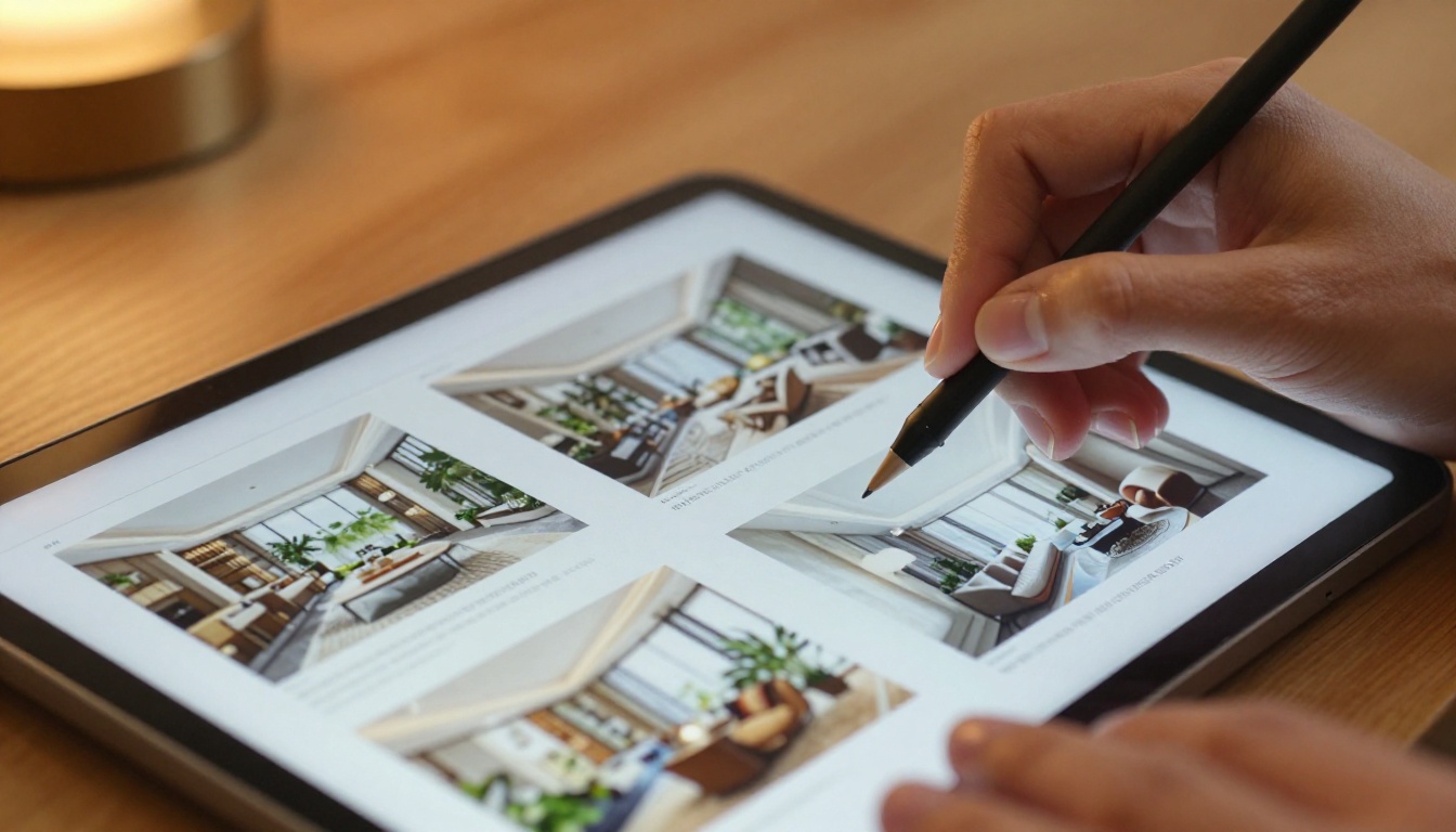 Hands scrolling through an interactive property flipbook on a modern tablet showing luxury interior photos Hands scrolling through an interactive property flipbook on a modern tablet showing luxury interior photos