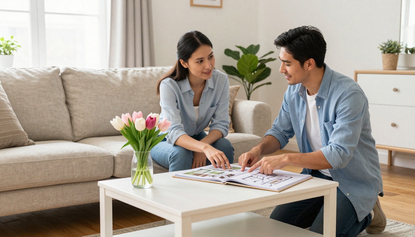 Young professional couple reviewing a property flipbook at an open house with an agent pointing to floor plan details Young professional couple reviewing a property flipbook at an open house with an agent pointing to floor plan details