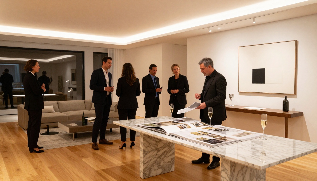 Elegant open house event with well-dressed visitors browsing property materials in a luxury contemporary home Elegant open house event with well-dressed visitors browsing property materials in a luxury contemporary home
