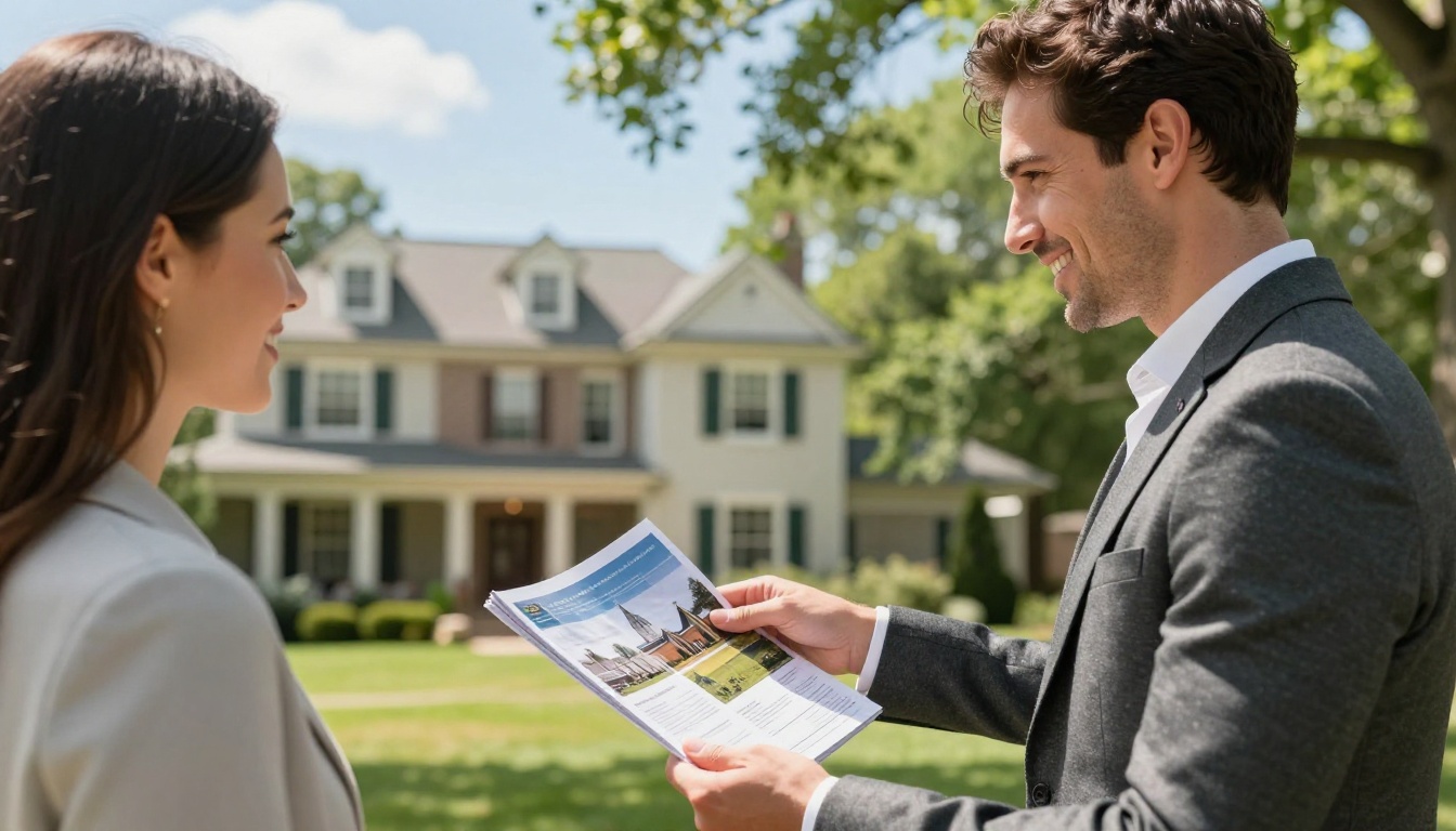 Confident real estate agent handing a glossy property brochure to a buyer couple outside a colonial-style home Confident real estate agent handing a glossy property brochure to a buyer couple outside a colonial-style home