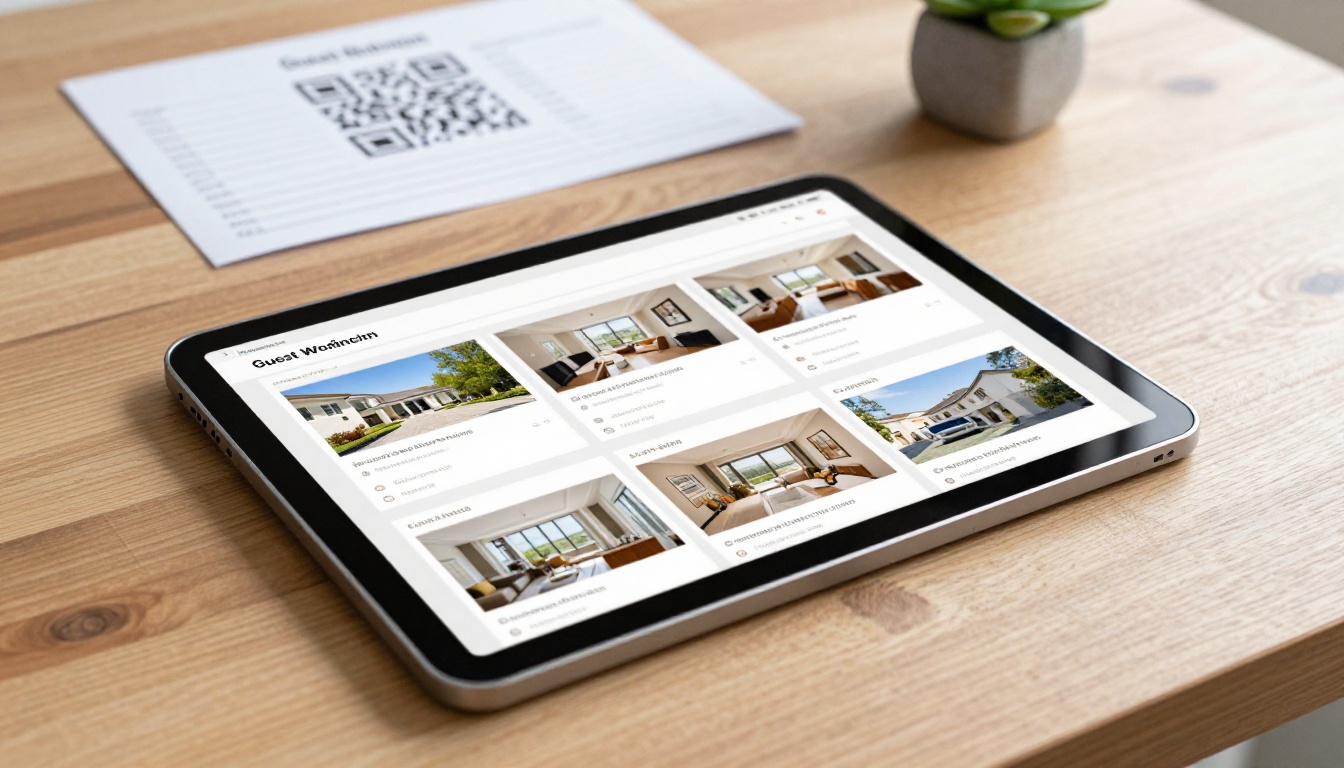 Close-up of a tablet showing a real estate listing flipbook on an open house welcome table with a QR code sign-in sheet Close-up of a tablet showing a real estate listing flipbook on an open house welcome table with a QR code sign-in sheet