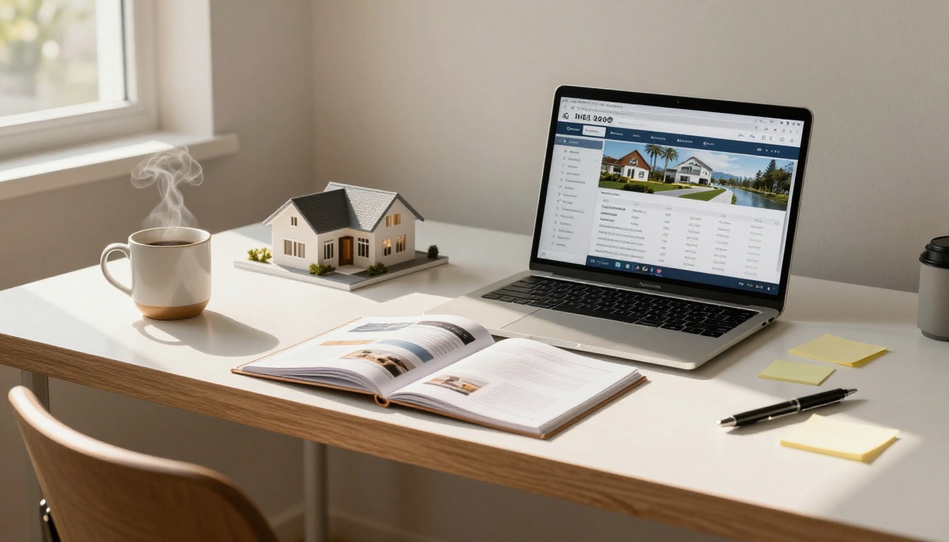 Clean modern home office desk with laptop showing real estate marketing analytics and a property brochure Clean modern home office desk with laptop showing real estate marketing analytics and a property brochure