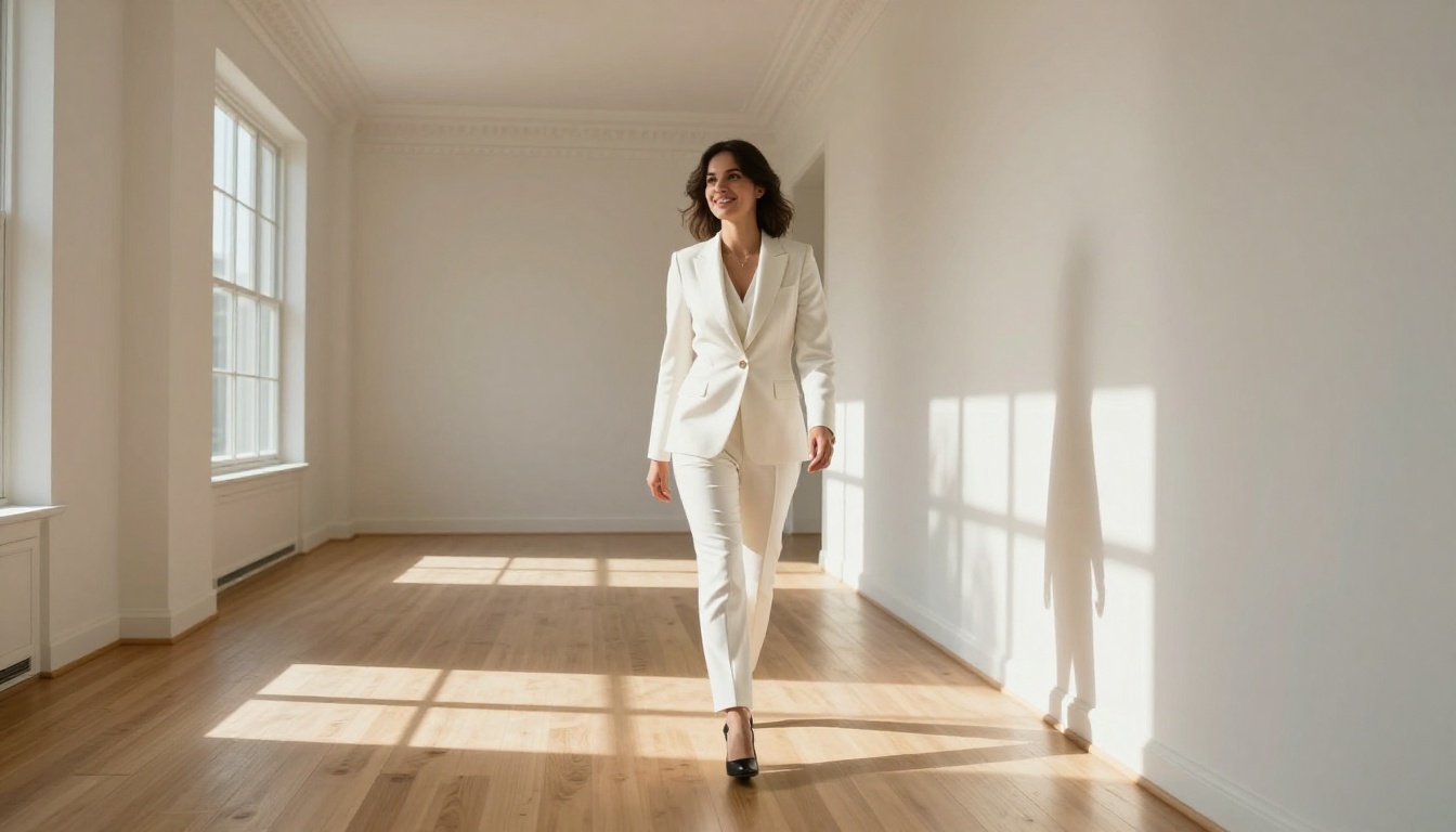Female real estate agent walking confidently through a bright luxury home hallway with dramatic natural light patterns on white walls Female real estate agent walking confidently through a bright luxury home hallway with dramatic natural light patterns on white walls