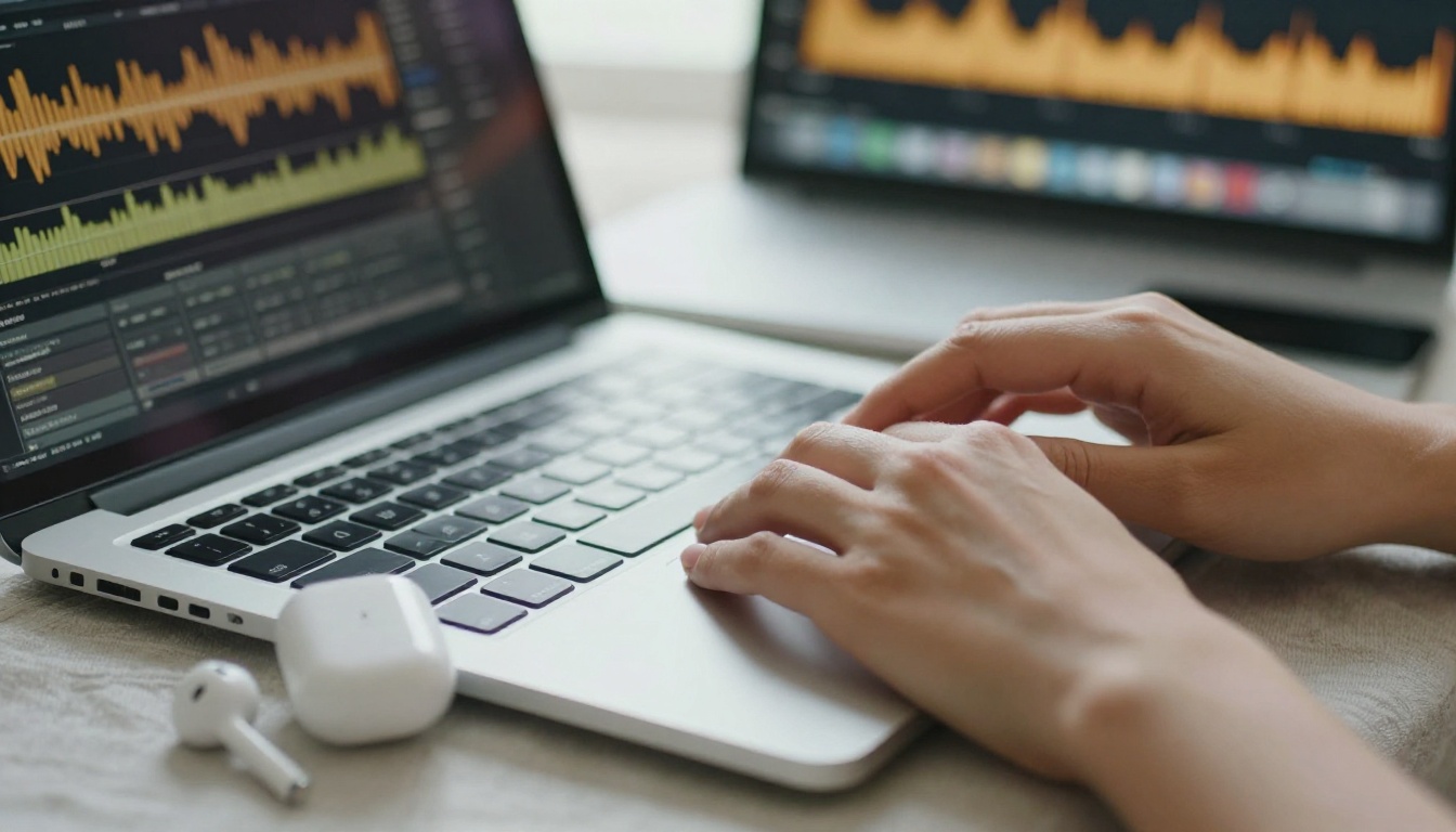 Close-up of hands on laptop keyboard with earbuds beside the trackpad and audio waveform on screen