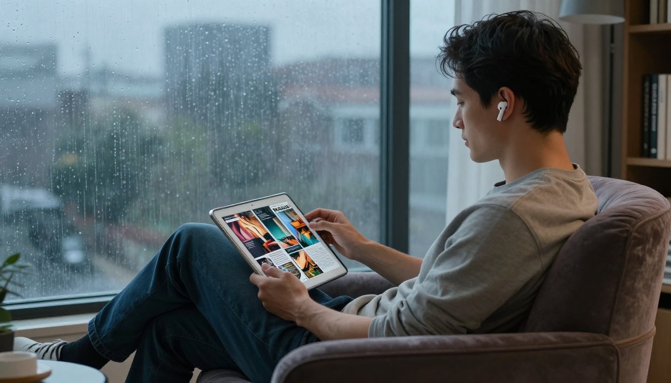 Person relaxing in armchair reading digital flipbook on tablet with earbuds in