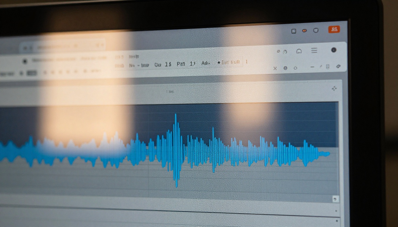 Close-up macro shot of an audio waveform displayed on a computer monitor screen