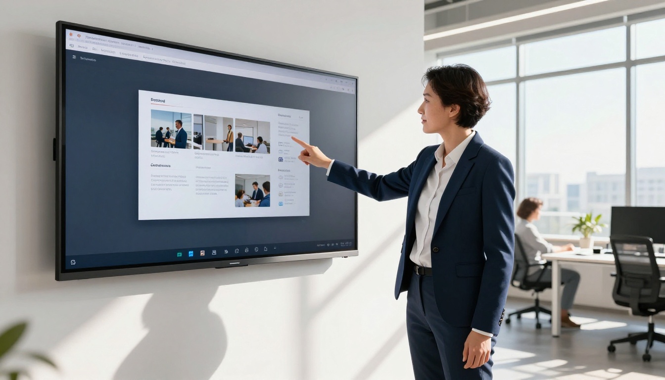 Marketing professional in navy blazer pointing at digital brochure flipbook on office wall screen