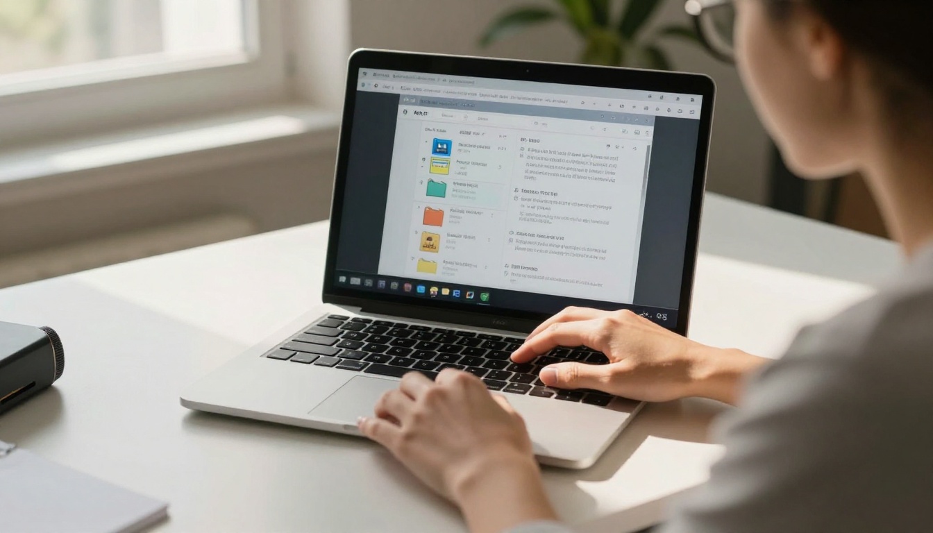 Over-the-shoulder view of woman uploading PDF with music files visible on her screen