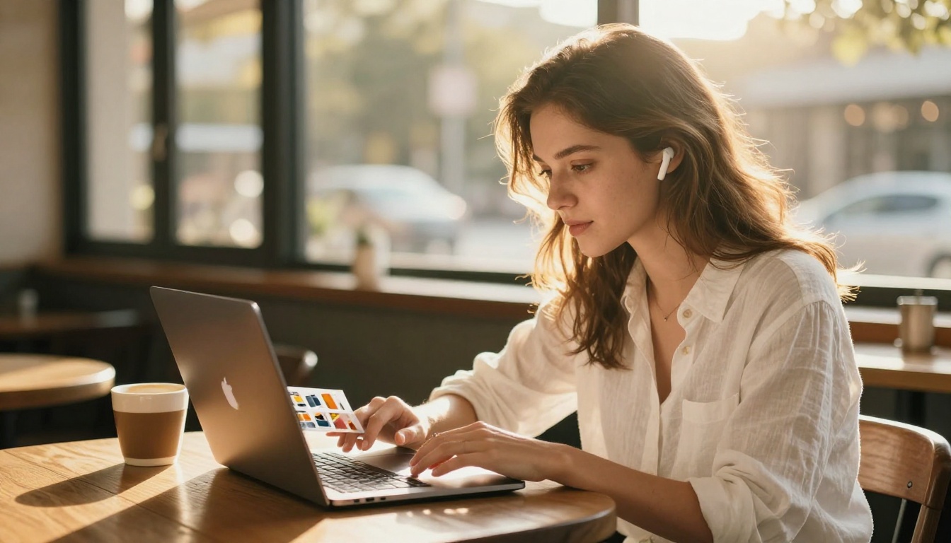 Young woman at café with MacBook showing colorful product catalog flipbook, AirPods in ears Young woman at café with MacBook showing colorful product catalog flipbook, AirPods in ears
