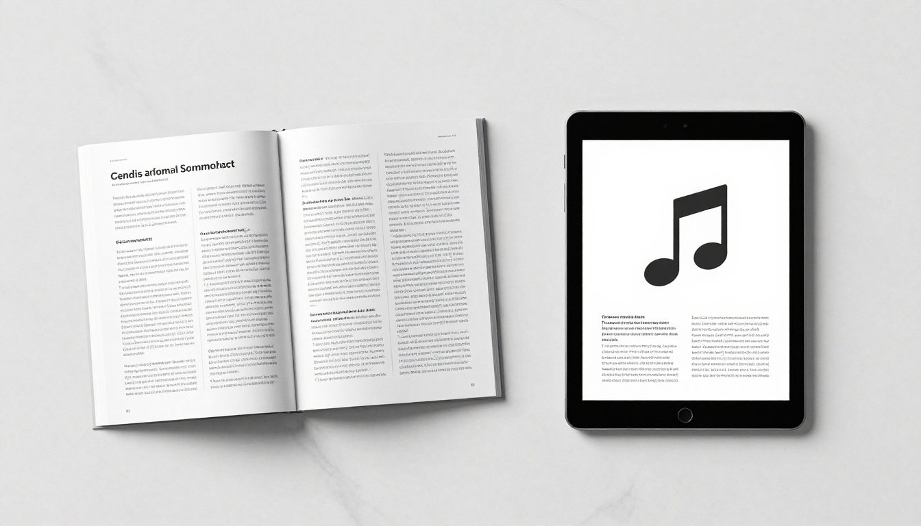 Overhead flat-lay of a printed catalog next to a tablet displaying the same content as a digital flipbook with a music note icon Overhead flat-lay of a printed catalog next to a tablet displaying the same content as a digital flipbook with a music note icon
