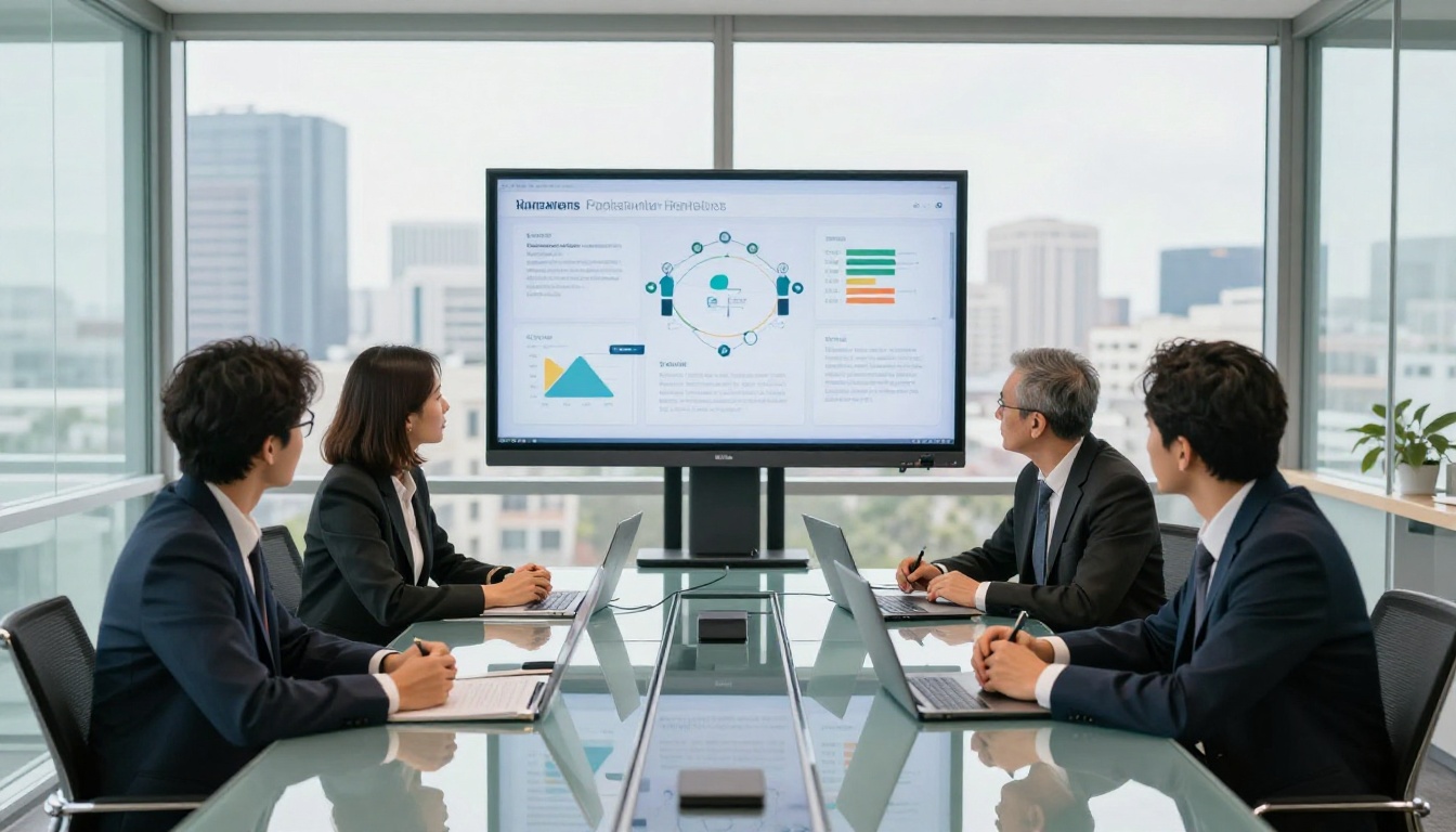 Business team gathered around conference table reviewing digital presentation flipbook on wall screen with speakers visible Business team gathered around conference table reviewing digital presentation flipbook on wall screen with speakers visible