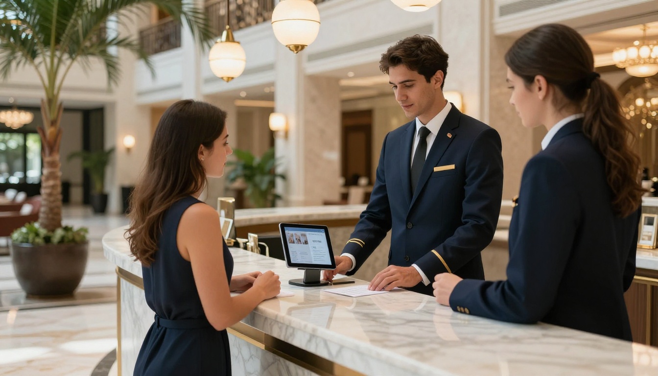 Hotel concierge assisting a guest at check-in with a digital room guide on tablet