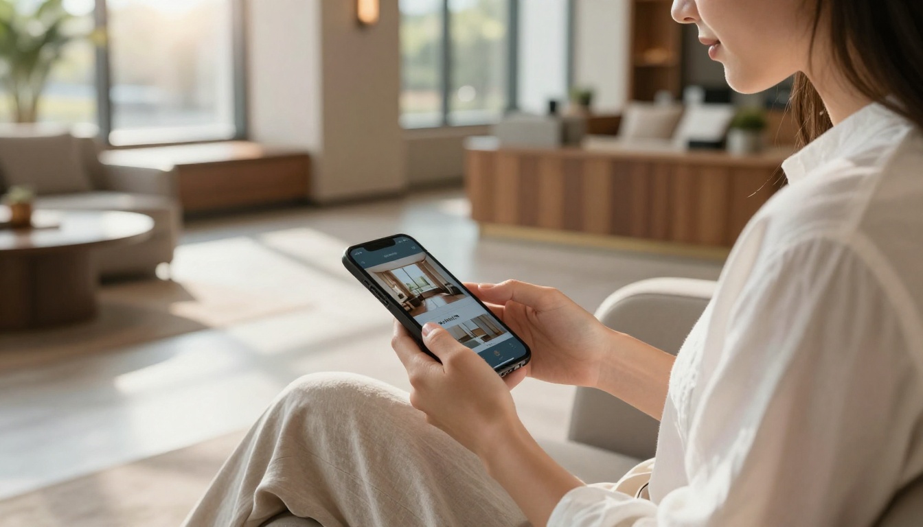 Young woman scrolling through a digital flipbook room guide on smartphone in a hotel lobby