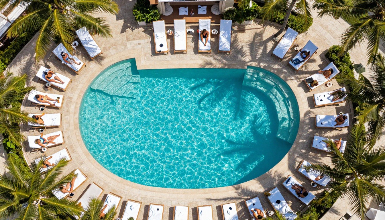 Aerial view of a luxury resort pool with guests on sun loungers, tablets visible on side tables