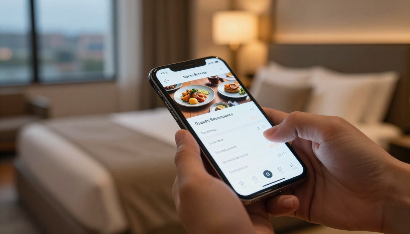 Hotel guest ordering room service through a digital menu on smartphone in a luxury hotel room