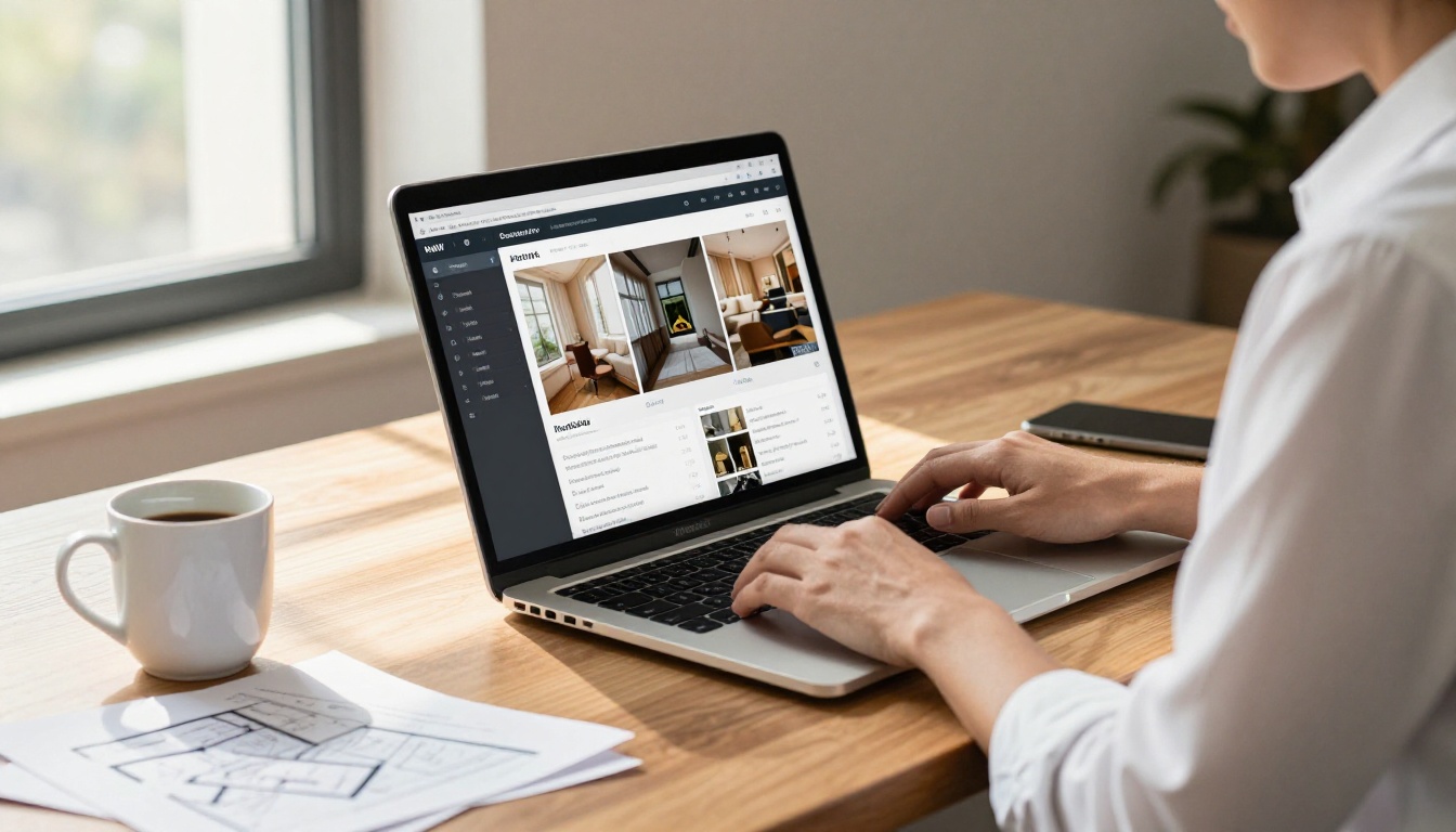Hotel manager updating flipbook content on a laptop at a back office desk Hotel manager updating flipbook content on a laptop at a back office desk