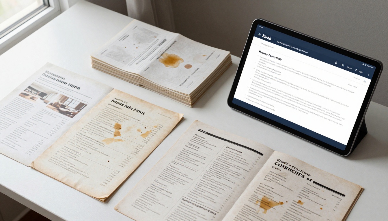 Hotel desk showing outdated printed paper brochures alongside a modern tablet with a clean digital flipbook Hotel desk showing outdated printed paper brochures alongside a modern tablet with a clean digital flipbook