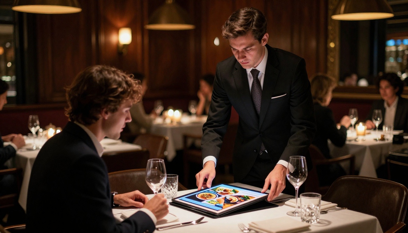 Hotel waiter showing a digital menu flipbook to a guest at a candlelit fine-dining table Hotel waiter showing a digital menu flipbook to a guest at a candlelit fine-dining table