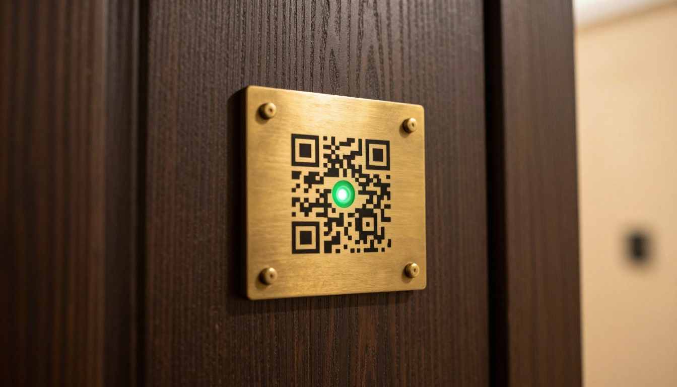 Close-up of a hotel room door with brass hardware, keycard reader, and QR code placard