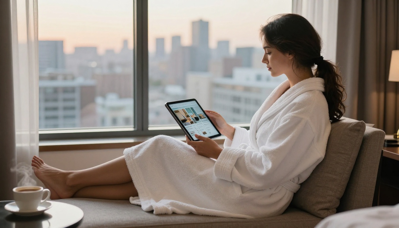 Woman in a white hotel bathrobe relaxing at a window, holding a tablet with a digital room flipbook open Woman in a white hotel bathrobe relaxing at a window, holding a tablet with a digital room flipbook open