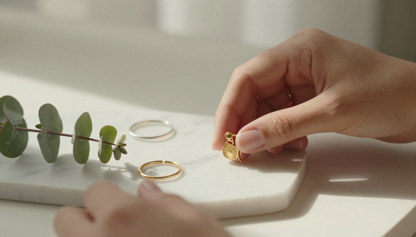 Close-up of gold-fill earrings and silver rings arranged on white Carrara marble with fresh eucalyptus sprigs
