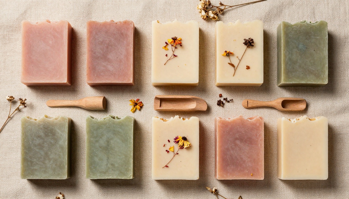 Aerial flat lay of handmade artisan soaps in dusty rose and sage on natural linen with dried wildflowers