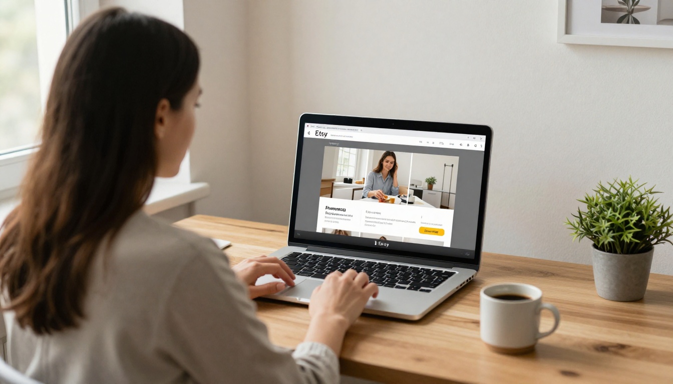 Woman looking at a digital product flipbook on her laptop at a home office desk with morning light