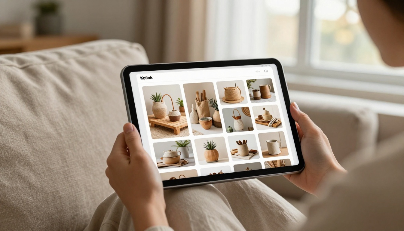 Woman holding tablet showing interactive product catalog in a cozy living room with afternoon light