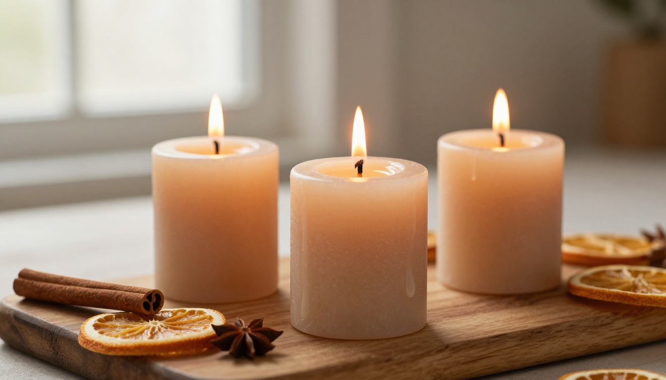 Handmade pillar candles with dried botanicals on a rustic wood board with warm backlit window light