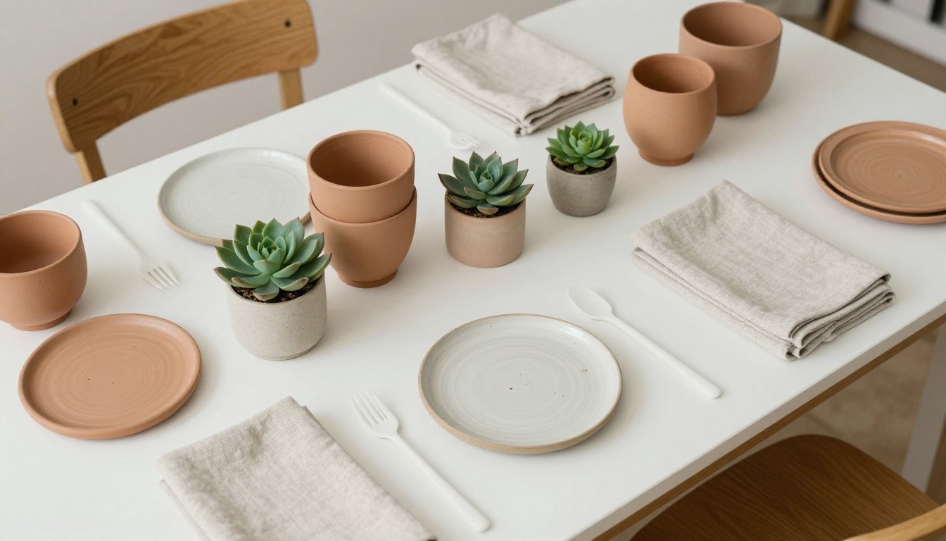 Aerial overhead view of organized Etsy seller workspace with terracotta pottery, linens, and succulents Aerial overhead view of organized Etsy seller workspace with terracotta pottery, linens, and succulents