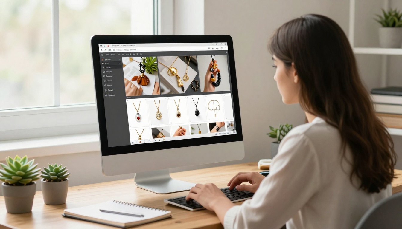 Young woman uploading product photos on a desktop computer with natural daylight through a window Young woman uploading product photos on a desktop computer with natural daylight through a window