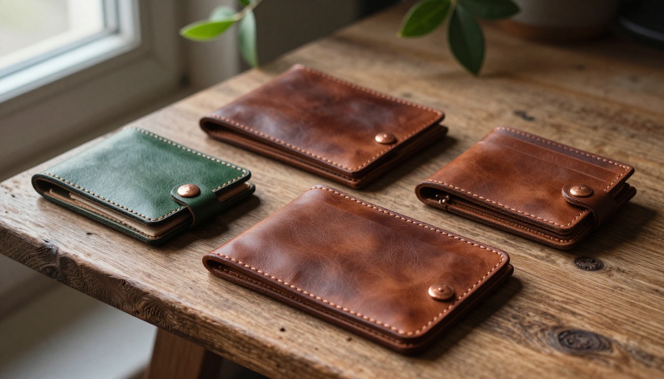 Handmade cognac leather wallets and card holders on rough-hewn oak with directional side light revealing grain texture Handmade cognac leather wallets and card holders on rough-hewn oak with directional side light revealing grain texture