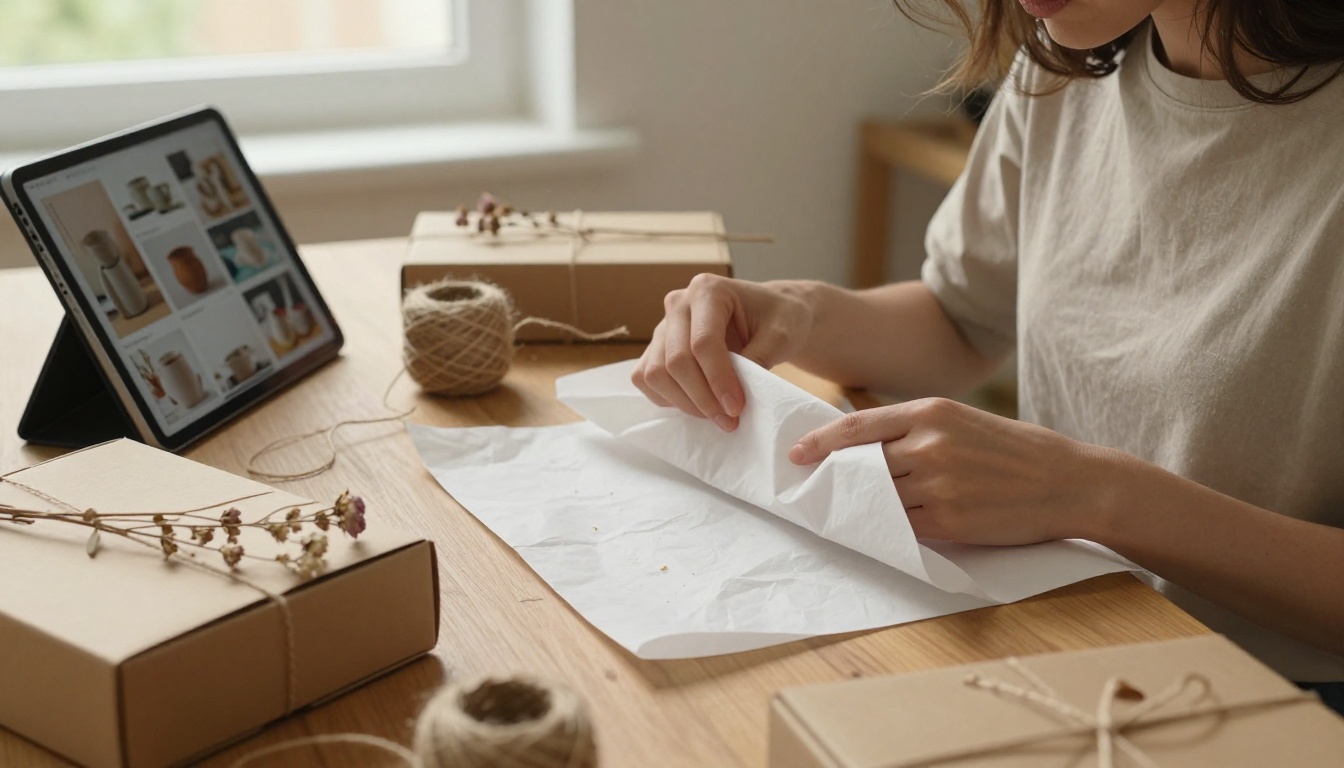 Woman wrapping handmade pottery in tissue paper for shipping with a tablet showing a product flipbook nearby Woman wrapping handmade pottery in tissue paper for shipping with a tablet showing a product flipbook nearby