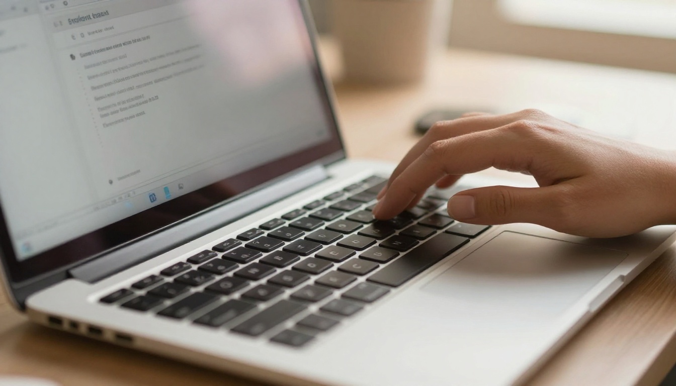 Close-up of elegant hands typing on a slim aluminum laptop keyboard, composing an email with a flipbook sharing link visible on the browser tab in the background
