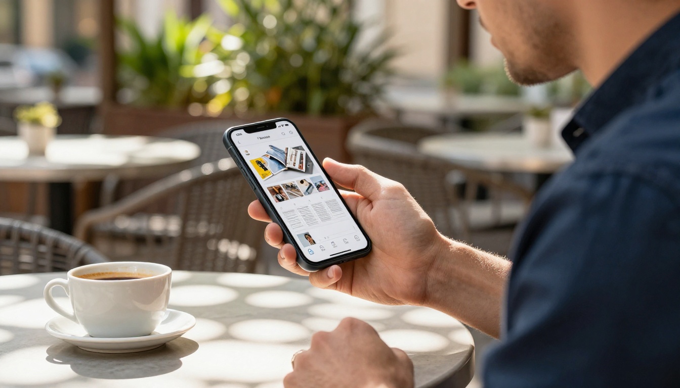 Young professional man at an outdoor cafe terrace, holding a smartphone displaying a crisp vivid flipbook with magazine-quality pages