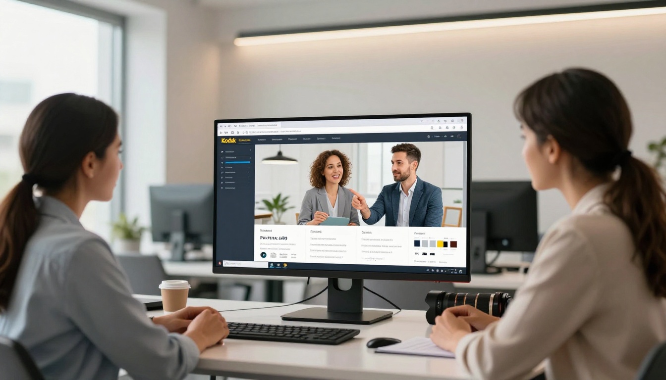 A small business team of three professionals gathered around a wide monitor in a bright modern office, reviewing a digital flipbook catalog together