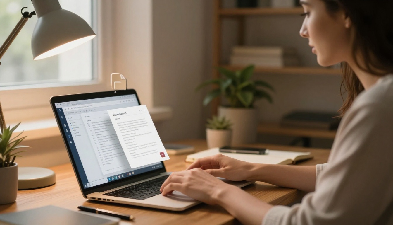 Woman in a home office dragging a PDF document into a browser upload interface on her laptop, morning light from a side window