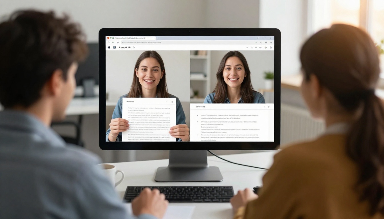 Two professionals collaborating remotely via video call, both viewing the same shared flipbook on their individual screens