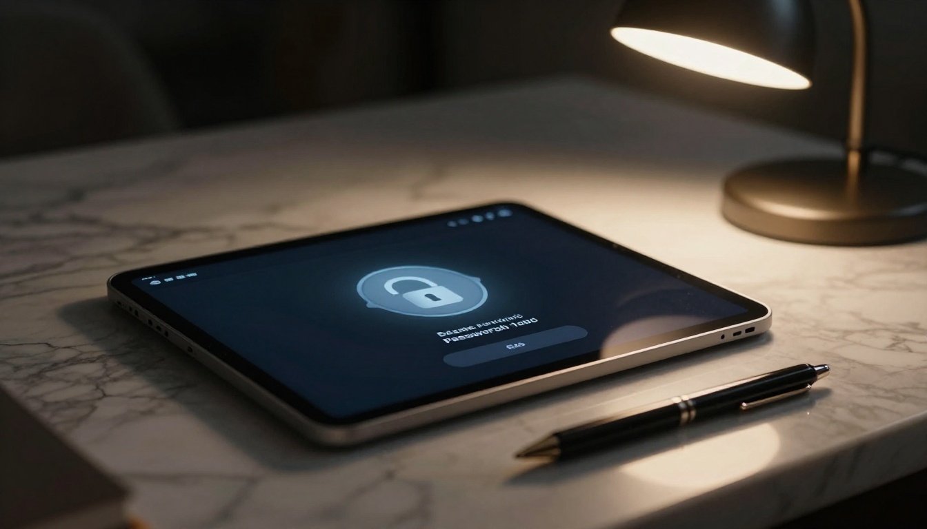 A premium tablet on a polished marble desk displaying a digital flipbook password entry screen with an elegant lock icon, lit by a single warm desk lamp