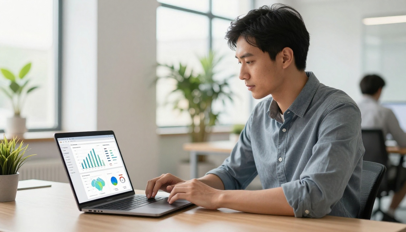 Professional man at a standing desk reviewing a laptop showing an analytics dashboard with flipbook view statistics and geographic heatmaps