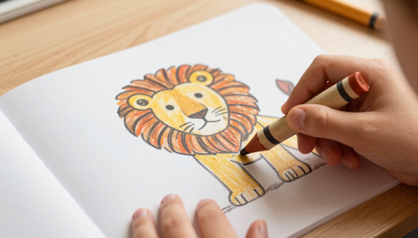 Close-up of a child's hands coloring a lion illustration on a coloring book page with a wax crayon