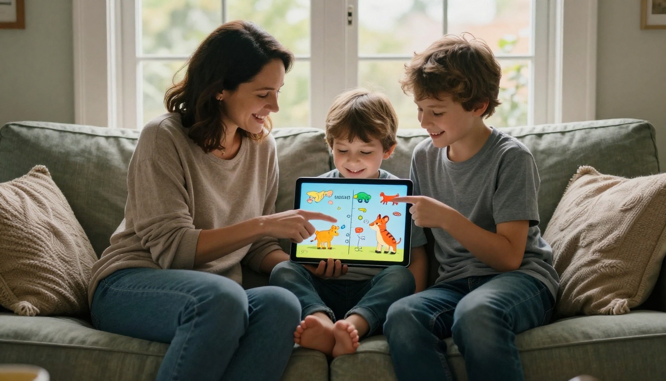 Mother and young son sitting on a couch smiling at a tablet showing a colorful digital flipbook
