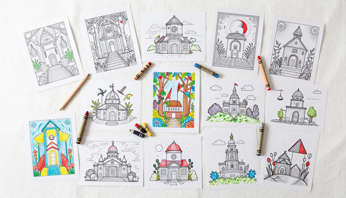 Colorful children's coloring book pages spread out on a white surface with crayons and markers