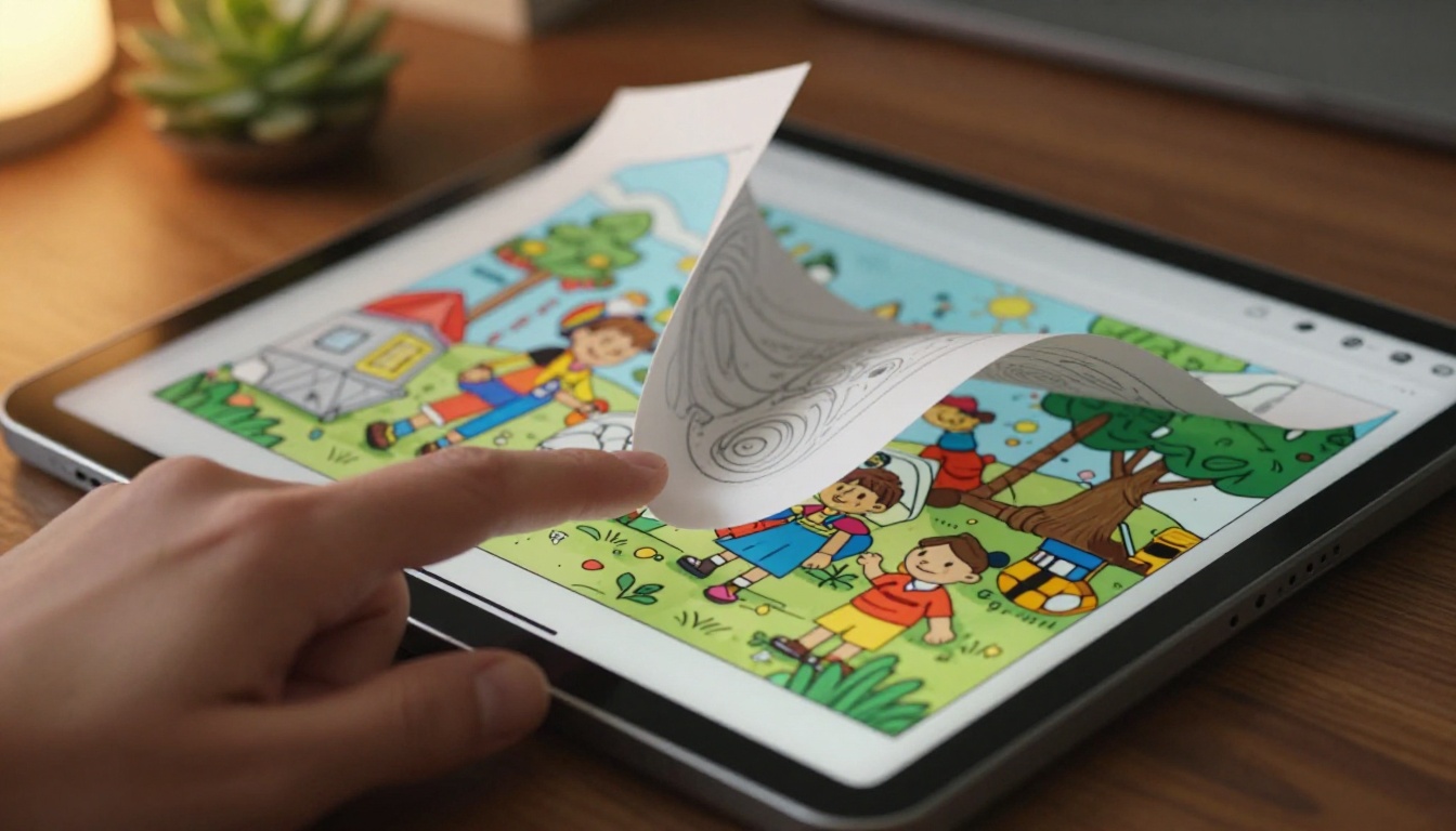 Finger swiping a digital flipbook page on a tablet showing a realistic page-turn curl effect
