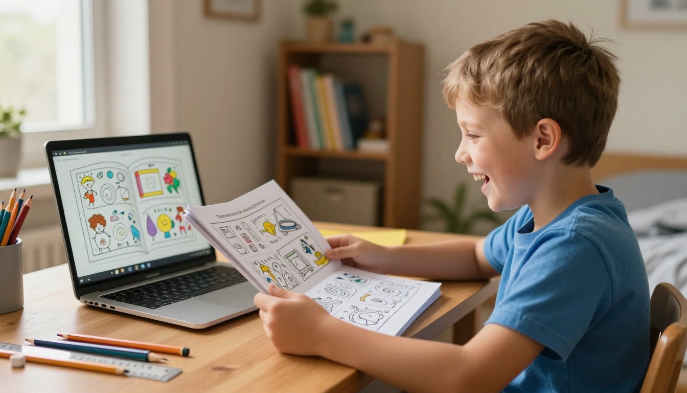 Boy laughing while holding a printed coloring book next to a laptop showing the same book as a digital flipbook